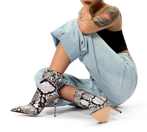 Aachcol Womens Pointed Toe Stiletto Heel Buckle Ankle Boots Patent Leather High Heel Mid Calf Zipper 4 Inches Heels Booties3