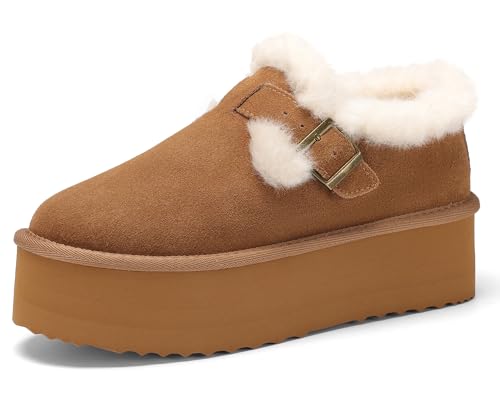 Platform Snow Boots for Women Genuine Suede Water Resistant Winter Warm Cozy Fur Fleece Lined with Adjustable Buckle Short Ankle Fuzzy Boot