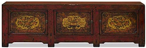 ChinaFurnitureOnline Vintage Elmwood Tibetan Sideboard, Distressed Orange Buffet Cabinet