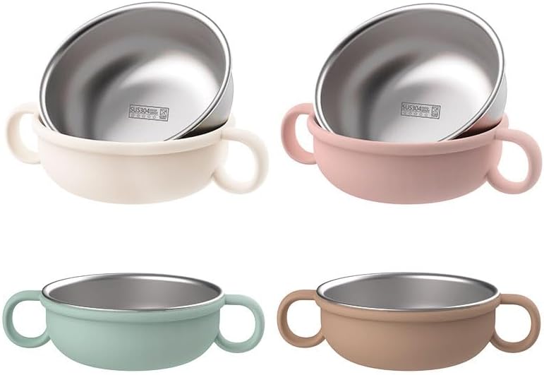 Non-Toxic Stainless Steel Toddler Bowls with Handle Non-Slip Silicone Shell, Mess Free Feeding Bowls for Babies, Children, Kids, Set of 4