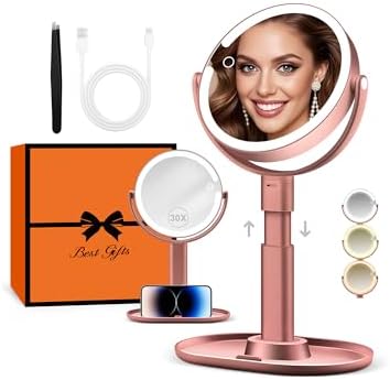B Beauty Planet Beleuchteter Makeup Spiegel 30X Vergrößerungsspiegel mit 3 Farblicht, dimmbare LED & höhenverstellbar - Kosmetikspiegel 2-seitig für Badezimmer - Geschenk für Fraue