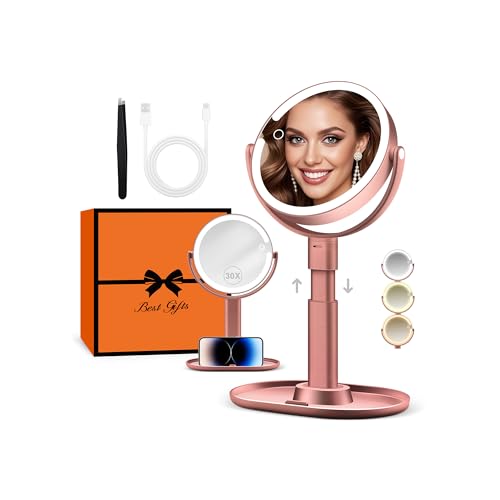 B Beauty Planet Vanity Mirror with Lights, 30X Magnifying Makeup Mirror with 3 Lighting and Adjustable Brightness, Rechargeable 2-Sided Height Adjustable Desk Mirror for Bathroom, Women