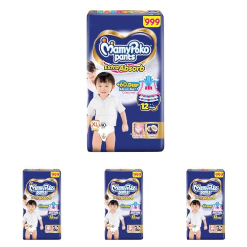 Image of MamyPoko Pants Extra Absorb Baby Diapers, Extra Large (XL Size) | 12-17 kg | 40 Count |Deep Sleep Diapers| Soft Gentle fit |Deep Absorbent Crisscross | Skin Friendly with Coconut Oil | (Pack of 4)