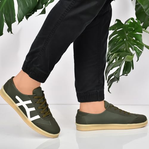 Image of Leatherkraft Men Low-Top Lace-Up Sneakers Olive