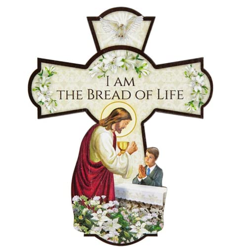Needzo First Communion Wall Cross, I am the Bread of Life Hanging Decoration for Bedroom, Eucharist Keepsake and Catholic Gifts for Boys, 6 Inches