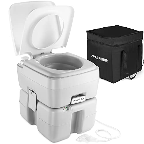 Alpcour Portable Toilet – Compact Indoor & Outdoor Commode w/Travel Bag for Camping, RV, Boat – Piston Pump Flush, Built-in Pour Spout & Washing Sprayer for Easy Cleaning