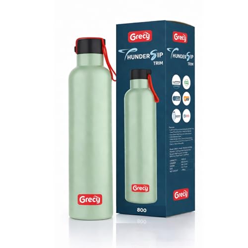 Image of GRECY Trim 800ml Stainless Steel Water Bottle Light Green | Single Wall BPA Free Leak Proof | Food Grade Steel | Rust Proof, Odour Free | Lightweight Carry Band | Made in India | Office, Gym, School