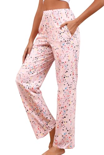 PNAEONG Women Cotton Pajama Pants Comfy Pj Bottoms Soft Printed Lounge Pant with Pockets Pink M