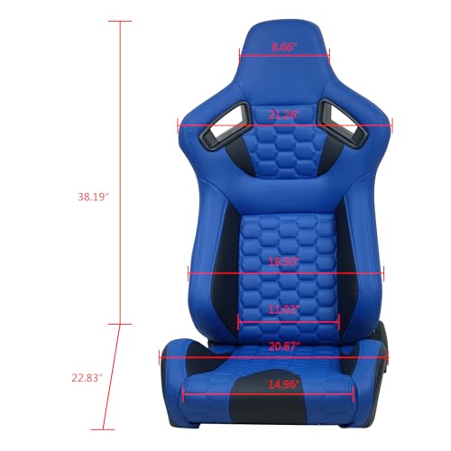 IKON MOTORSPORTS, Universal Racing Seats with Dual Sliders, Reclinable Blue & Black PU + Carbon Leather with Hexagonal Quilting Sport Bucket Seats, 1 Pair Driver + Passenger Side - Image 5