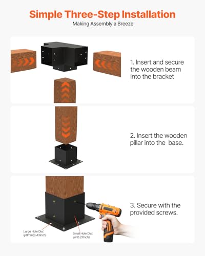 VEVOR Pergola Bracket Kit, 6x6 Inch (Inner Size 5.5x5.5), 2 Pcs 4-Way Heavy Duty Corner Bracket Woodworks DIY Post Base Kit, Easy Installation Wooden Beams for Gazebos, Patio Pergolas, Log Cabin