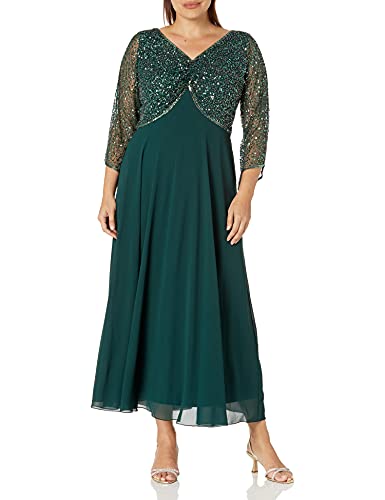 J Kara Women's Plus Size 3/4 Sleeve V-Neck Beaded Top Long Gown, Hunter/Mercury, 18W