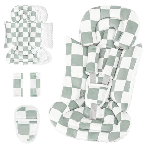Image of DILIMI Infant Car Seat Insert, Baby Car Seat Head Support with 3 Strap Paddings, Soft Newborn Car Seat Cushion for Stroller, Swing, Bouncers, Green Checkered