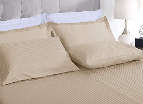 Image of Threadmill 100% Cotton Sheets for Cal King Size Bed - 600 Thread Count Cal King Bed Sheets Set with 16 inch Deep Pocket - Damask Stripe Sateen Weave 4-Piece Bedding Set with Cooling Effect, Beige