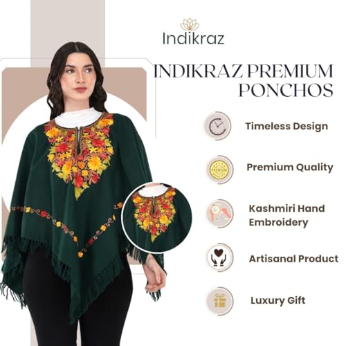Image of Premium Women's Kashmiri hand embroidery floral woollen poncho Indian cape wrap shrug Free size