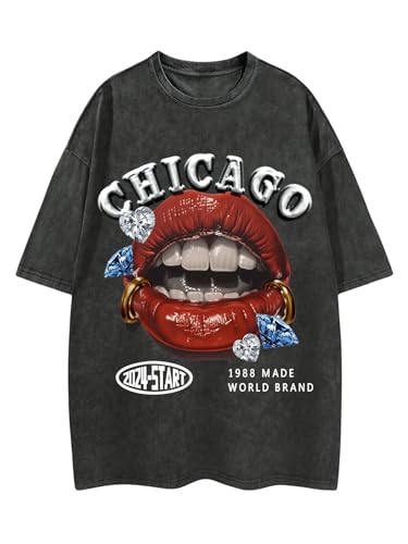 WDIRARA Men's Y2k Lip Graphic Print Tees Vintage Hipster Hip Hop Crew Neck T-Shirt Streetwear Top