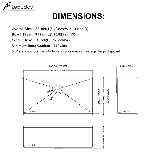 33 Kitchen Sink Stainless Steel - Lepuday 33" X 19" Undermount Sink Single Bowl Ledge Workstation 16 Gauge Stainless Steel Brushed Handmade Under Counter Kitchen Sink Basin #TOP5
