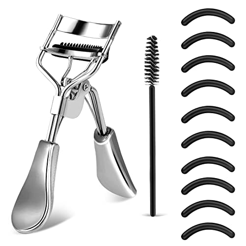 WLLHYF Wimpernzange Kit Professionelle Wimpernzange Metall Make-up-Tool mit eingebautem Kamm Auge mit 10 Ersatz-Nachfüllpads für Frauen Mädchen erhalten dramatisch geschwungenen Wimpern (Silber)