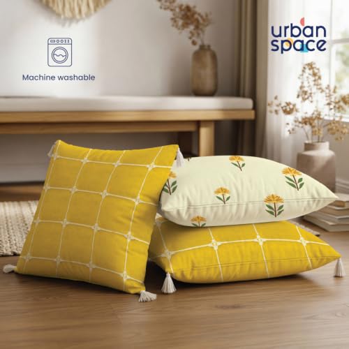 Image of Urban Space Decorative Cotton Cushion Cover Set of 3, 16 Inch X 16 Inch Cushion Covers for Sofa, Bedroom, Living Room (Aura Checks Yellow with White Tassel + Aster Yellow, 40Cm X 40Cm, Set of 3)