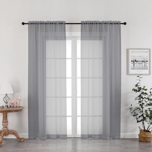 Image of OWENIE Grey Sheer Curtains 72 Inches Long 2 Panels, Transparent Voile Sheer Curtain Double Rod Pocket Gauze Drapes for Living Room Bedroom Window Sliding Glass Door Treatment, 42 x 72 Inch