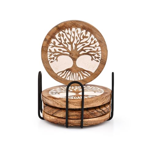 Mahasu Juego de 4 posavasos redondos hechos a mano de hierro y madera de acacia para mesa de café, bebidas calientes (juego de 4)
