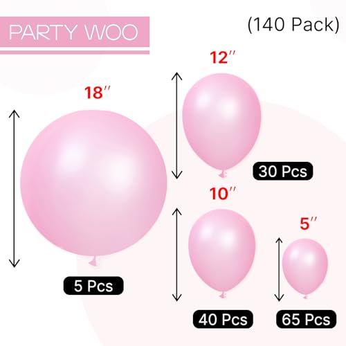 Image of PartyWoo Pearl Pink Balloons 140pcs Different Sizes of 18 12 10 5 Inch Light Pastel Baby Pink Balloon Arch Kit Garland for Girl Baby Shower Princess Gender Reveal Birthday Party Decorations Pink-Z44