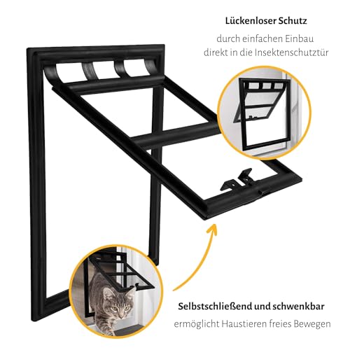 empasa Katzenklappe für Fliegengittertüren, schwenkbare Haustierklappe Hundeklappe Katzentür für Insektenschutz, verschließbar, schwarz, ca. 24 x 29 cm