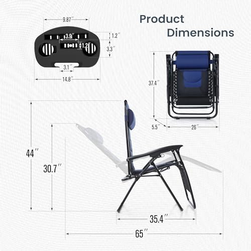 PHI VILLA Oversized Padded Zero Gravity Lounge Chair Folding Patio Recliner with Adjustable Headrest & Cup Holder, Support 350 LBS (Blue)