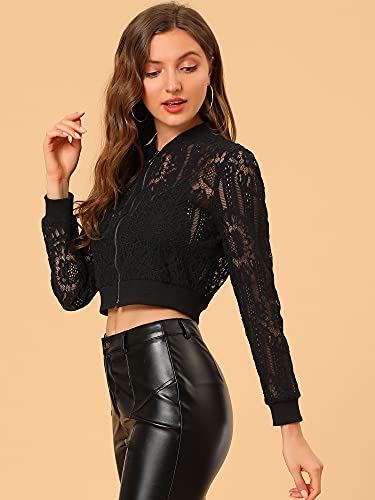 Allegra K Women's Crop Jacket Stand Collar Zip Up Sexy Sheer Gothic Lace Lightweight Baseball Jacket2