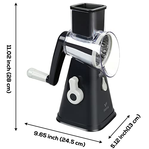 FAVIA Rotary Cheese Grater with Handle - Vegetable Shredder with 3 Stainless Steel Drum Blades, Round Mandoline Slicer Nuts Grinder, BPA Free Dishwasher Safe (Black and Grey)