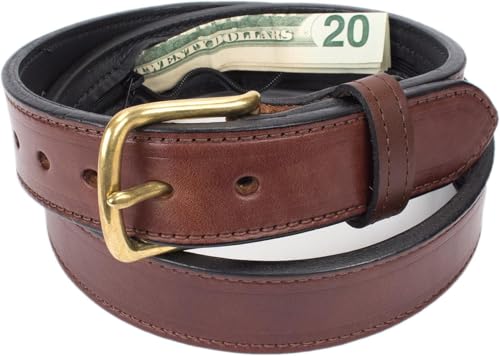 Image of Yoder Leather Company Hidden Money Pocket Travel Belt English Bridle Leather with Zippered Secret Cash Pocket (Brown, 32 inch (Waist 30))