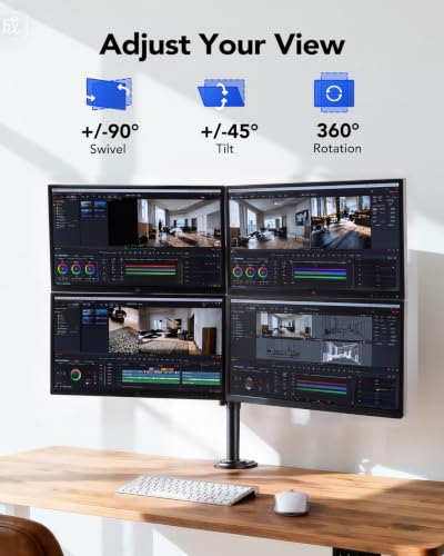 Image of HUANUO Quad Monitor Mount for 13-32 Inch Screens, 4 Monitor Stand with Larger Base, Holds 22 lbs per Arm, Fully Adjustable Stacked Mount, Tilt Swivel Rotation, VESA 75x75 /100x100mm, Cable Management