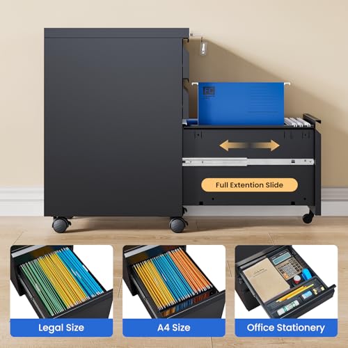MIIIKO 3 Drawer File Cabinet, Metal Filing Cabinet with Lock Rolling Wheels, Office Storage Under Desk,Deep Drawers for Hanging Legal Letter Fill, Full Assembled Except Casters - Thumbnail 5