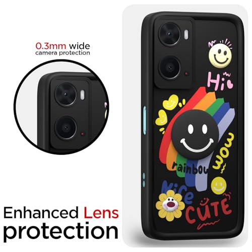 Image of Pikkme Back Cover for Oppo A76 / Oppo A96 / Oppo A36 | Soft Silicone| Cute Rainbow Smile & 3D Cartoon Flower Design | Shockproof Raised Camera Protection Bumper Case (Black)