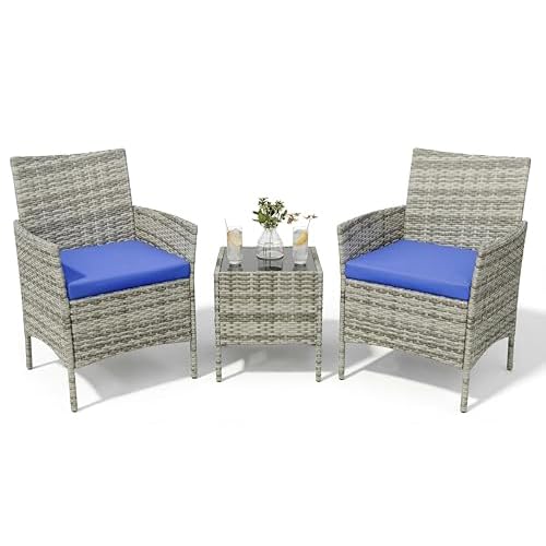 All-Weather PE Rattan Patio Bistro Set - 3 Piece Outdoor Conversation Furniture with 2 Chairs & Coffee Table - Compact Garden, Balcony, Porch Use - Gr