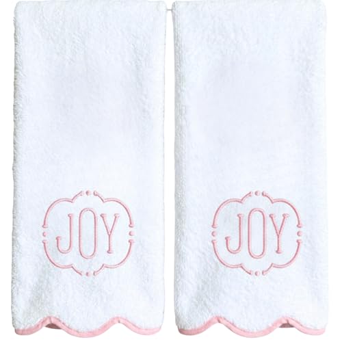 Lotus Linen Monogrammed Hand Towels for Bathroom 2 Pieces Scallop Piping 620 GSM Luxury Soft Highly Absorbent Guest Towel Set for Powder Room (Pink Piping Hand Towel (Pack of 2))