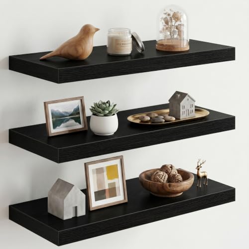 Image of Fun Memories 10 inch Deep Floating Shelves with Invisible Brackets, 24 inch Wall Shelves for Bathroom Bedroom Living Room, Modern Rustic Shelves for Home Decor, 24 inch W x 10 inch D x 1.5 inch H, Set of 3, Black