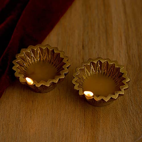 Image of Brass Round Line Pooja Diya, Kuber Deepak Oil Lamp, Pack of 2 | Set of two round brass diyas with decorative lined detailing for pooja, home temple and festive use