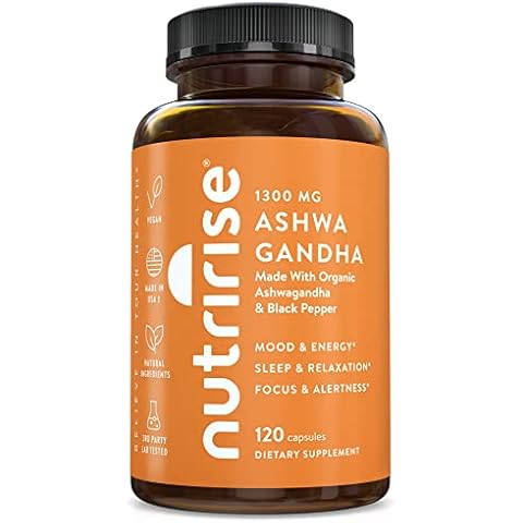 NutriRise Organic Ashwagandha Root Capsules with Black Pepper, 1300mg, Natural Stress & Mood, Thyroid, and Immune Support Supplement, Clarity, Focus & Energy, Gluten Free, 120 Count Cover