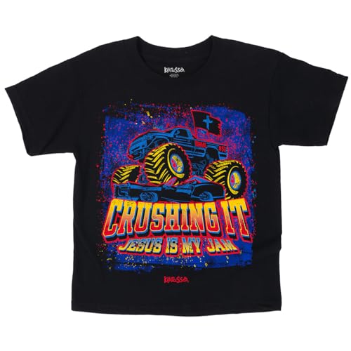 Monster Truck Crushing It Jesus is My Jam Romans 8:37 Black Cotton Children's T-Shirt