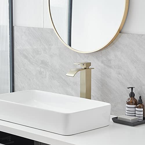 Bathfinesse Vessel Sink Faucet Brushed Gold Waterfall Spout Faucet For Bathroom Sink Tall Single Handle One Hole Deck Mount Bowl Vanity Sink Taps With Pop-Up Drain Stopper #TOP1