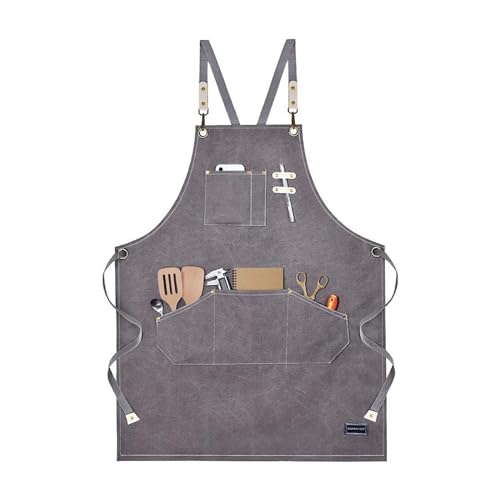 GPDNBIEU, Delantal de trabajo con múltiples bolsillos for hombre, delantal herramientas ajustable resistente espalda cruzada lona algodón for cocina, jardinería y cafetería(Grijs)