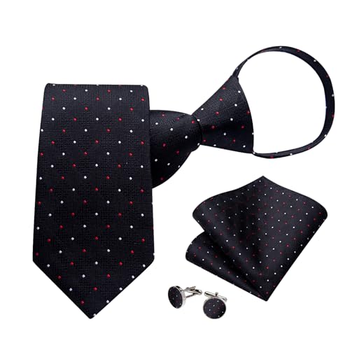 Image of DiBanGu Silk Zipper Ties for Men,Paisley Solid Plaid Pre-tied Tie and Pocket Square Cufflinks Set Formal Adjustable Necktie