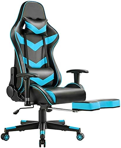 Yaheetech Video Game Chair High Back Computer Gaming Chair Lumbar Support Adjustable Reclining Racing Chair Ergonomic Gaming Chair with Footrest and Armrests (Neon Blue)