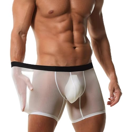 Men's Boxer Brief Underwear Ice Silk Mesh See Through Underpants Sports Extended Anti Crotch Shorts Running