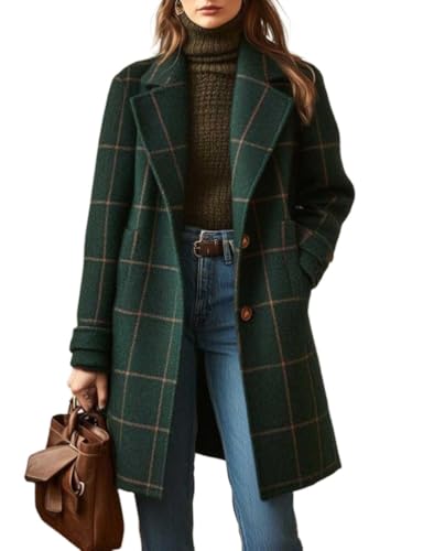 Mywinway Plaid Wool Coats for Women 2025 Fall Winter Checkered Warm Long Peacoat Blazer Jackets Dress Trendy Trench Coat,Army,M