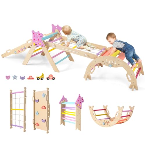 HOMASIS 4 en 1 Triángulo de Escalada Montessori, Estructura para Escalar con Arco, Rampa, Cuerda y Escalera, Área de Juegos Educativa para Niños a Partir de 3 Años. (Colorido)