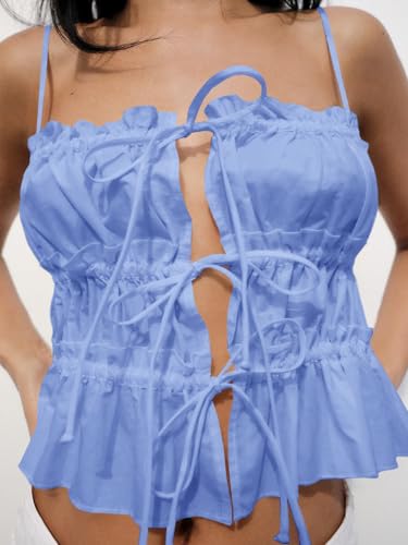 Image of Tankaneo Womens Summer Tie Front Crop Tops Cute Ruffle Ruched Spaghetti Strap Tank Tops Y2K Going Out Shirts