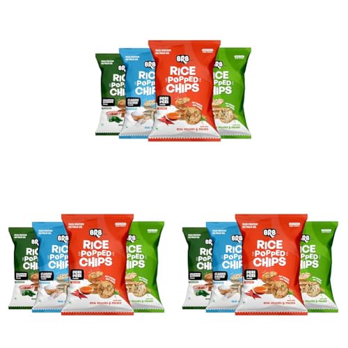 Image of BRB Rice Popped Chips - 4 Flavours | Not Fried. Not Baked | High Protein | 50% Less Oil, No Palm Oil, Healthy Snack | 4 x (48g /54g) Combo Pack (weight may vary) (Pack of 3)