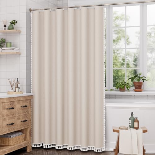 Image of AmazerBath Boho Shower Curtain with Tassels, Beige Shower Curtains for Bathroom, Farmhouse Shower Curtain with Hooks, Faux Linen Rustic Shower Curtain Set, Water Repellent, 72x72 Inches