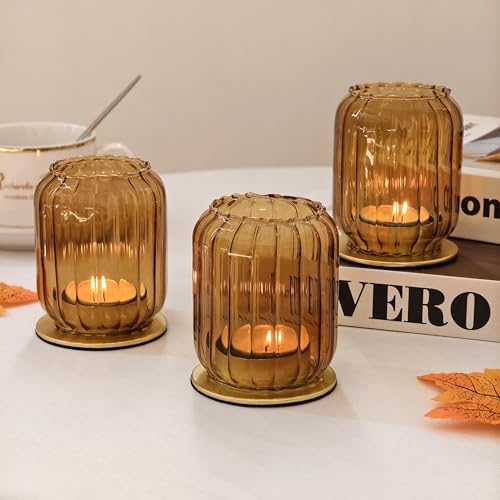 Vixdonos Glass Hurricane Tealight Candle Holder with Metal Candle Stand,Set of 3 Modern Windproof Votive Candle Holders for Wedding Party Table Centerpiece Outdoor,Amber